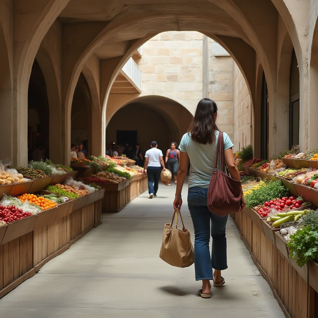 Compras con bolsas reutilizables y productos locales